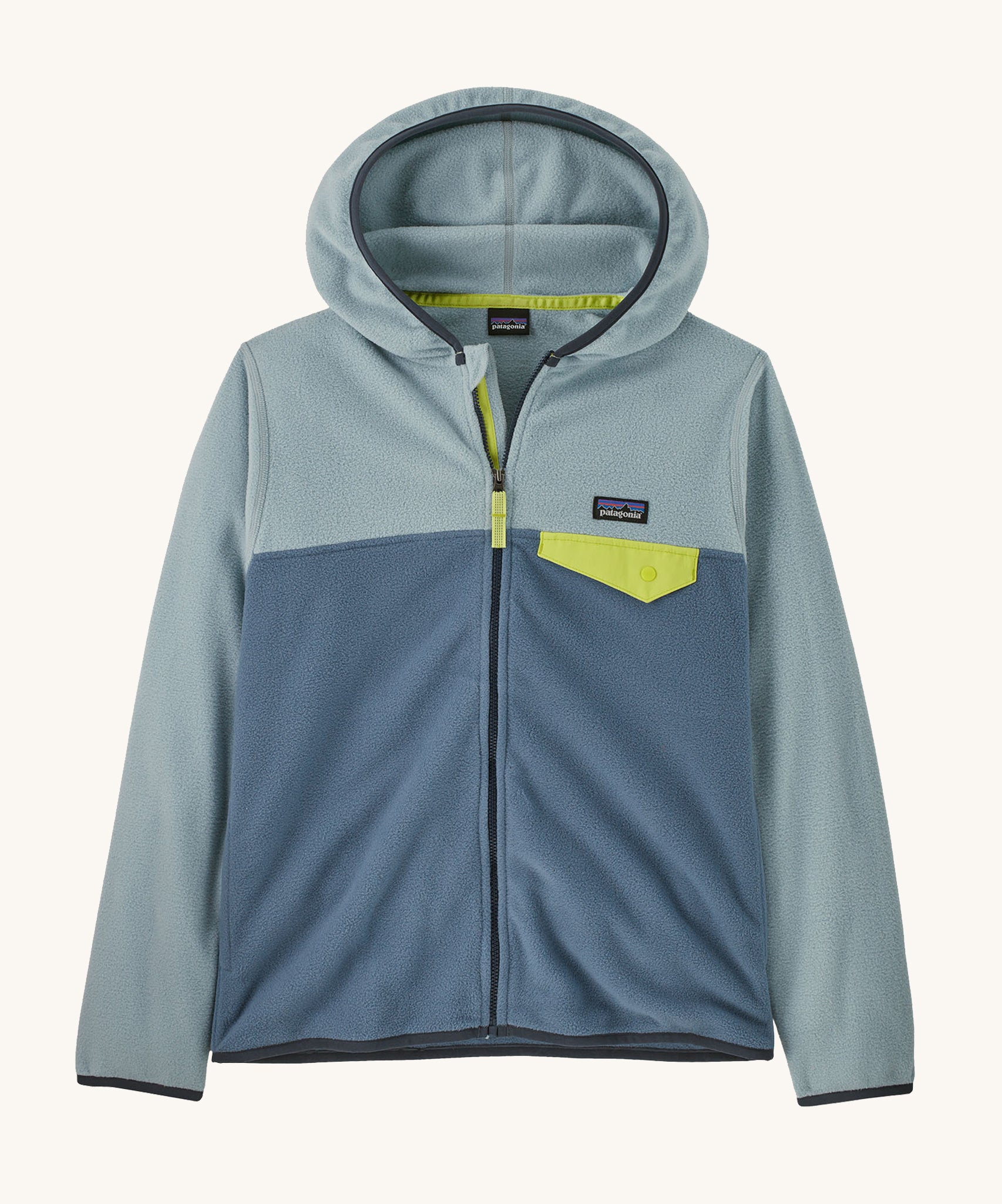 Patagonia Kids Micro D Snap-T jacket in a  Utility Blue colour way on a plain background. 