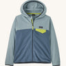 Patagonia Kids Micro D Snap-T jacket in a  Utility Blue colour way on a plain background. 