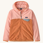 Patagonia kids hooded fleece in a light pink colour on a cream background.