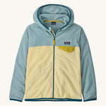 Patagonia kids hooded fleece in light blue and yellow on a cream background.