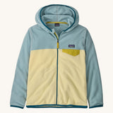 Patagonia kids hooded fleece in light blue and yellow on a cream background.
