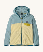 Patagonia kids hooded fleece in light blue and yellow on a cream background.