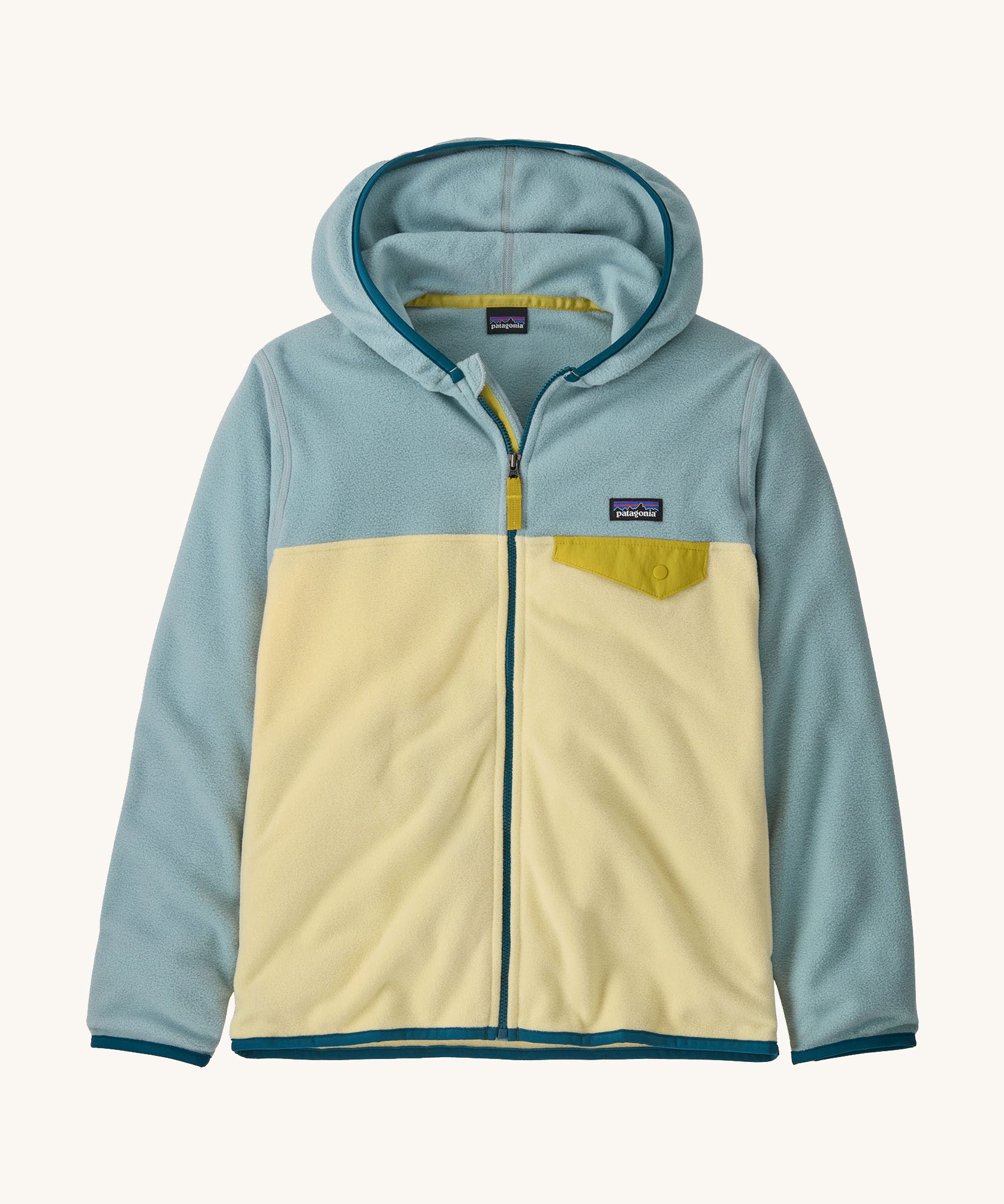 Patagonia kids hooded fleece in light blue and yellow on a cream background.