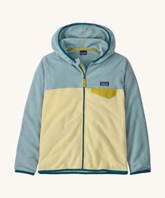 Patagonia kids hooded fleece in light blue and yellow on a cream background.