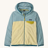 Patagonia kids hooded fleece in light blue and yellow on a cream background.