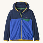 Patagonia kids hooded fleece in navy and blue on a cream background.