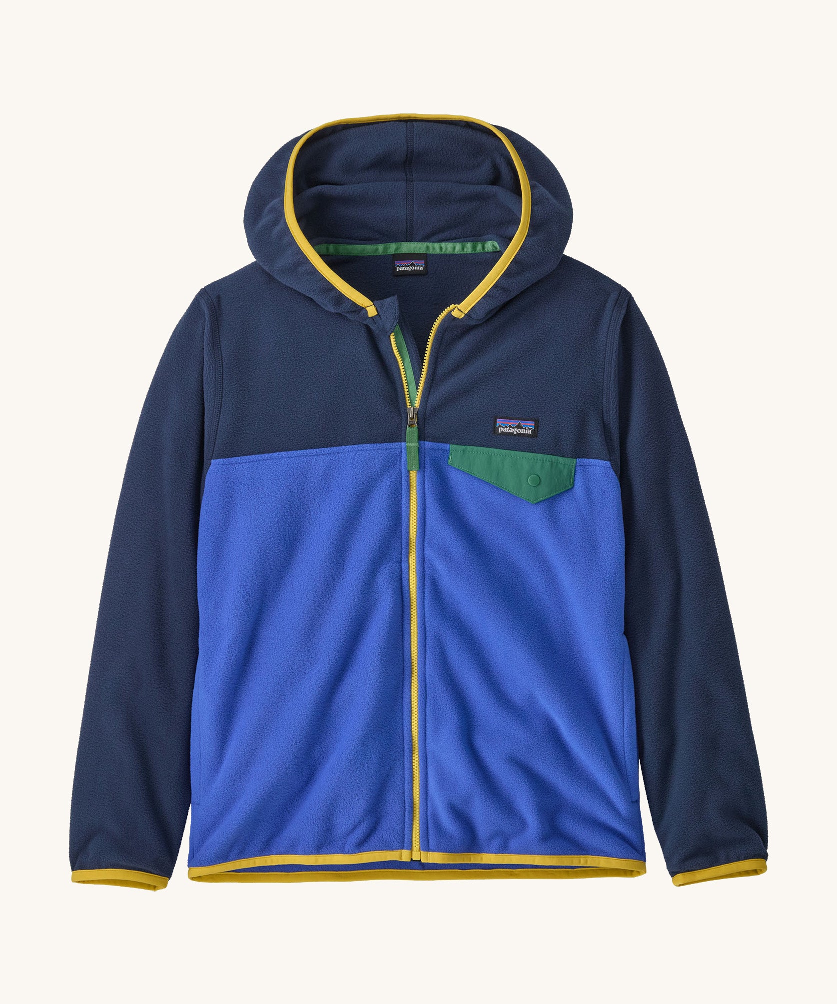 Patagonia kids hooded fleece in navy and blue on a cream background.