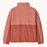 The back of the Patagonia kids microdini 1/2 zip pullover in potters red available at Babipur. A 100% recycled polyester soft fleece in pale red with navy trim. Features a turn up collar with a half length zip, elasticated cuffs and a chest pocket.