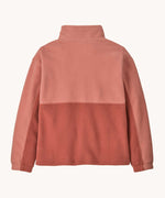 The back of the Patagonia kids microdini 1/2 zip pullover in potters red available at Babipur. A 100% recycled polyester soft fleece in pale red with navy trim. Features a turn up collar with a half length zip, elasticated cuffs and a chest pocket.
