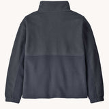 The back of the Patagonia Kids Microdini 1/2 Zip Fleece Pullover in a smolder Smolder Blue colour. A 100% recycled polyester soft fleece in dark blue. Features a turn up collar with a half length zip, elasticated cuffs and a chest pocket.