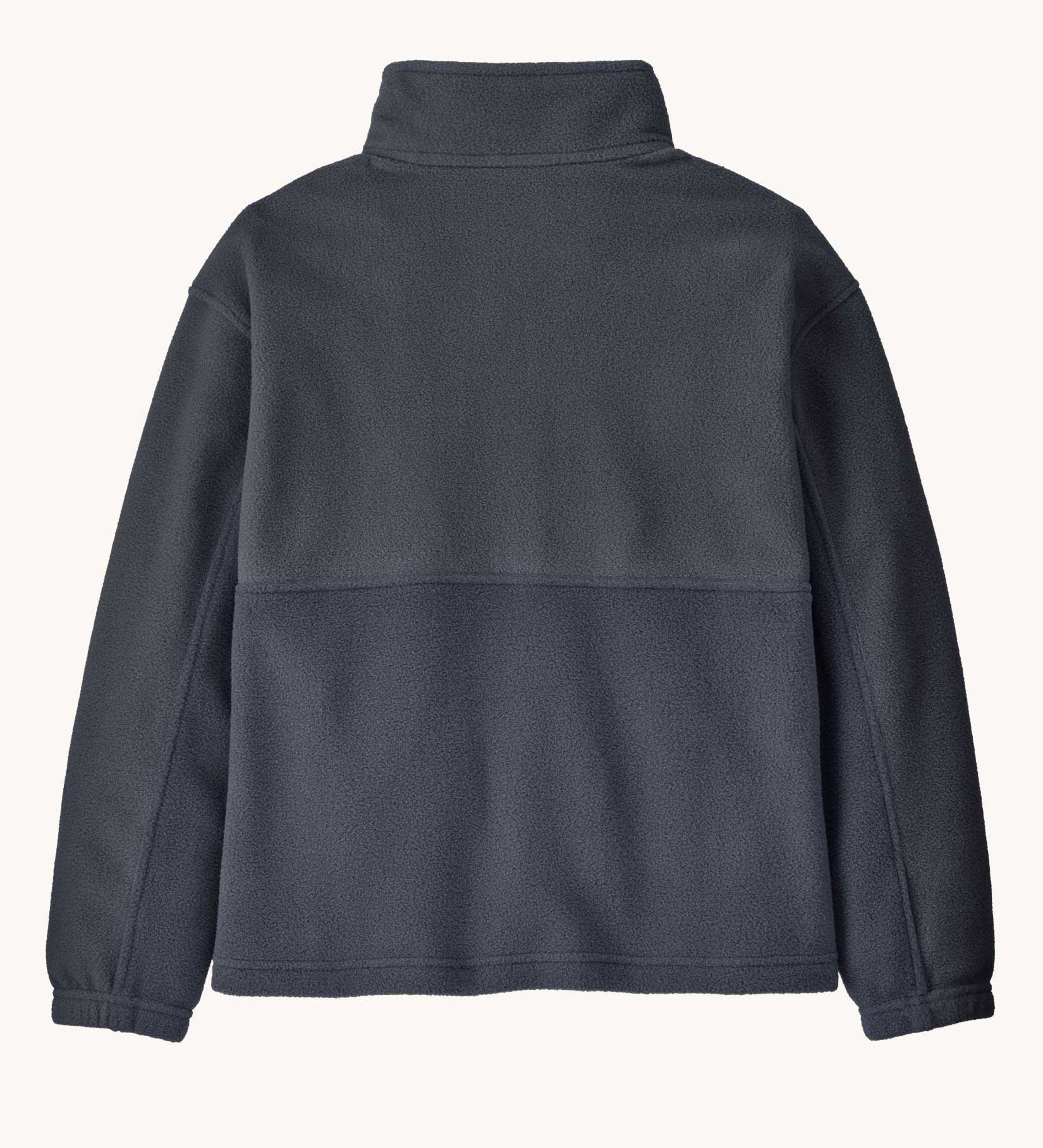 The back of the Patagonia Kids Microdini 1/2 Zip Fleece Pullover in a smolder Smolder Blue colour. A 100% recycled polyester soft fleece in dark blue. Features a turn up collar with a half length zip, elasticated cuffs and a chest pocket.