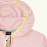 Close up of Patagonia kid's micro-d snap-t hooded jacket in purple and pink showing yellow trim around the hood