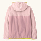 Back of the Patagonia kid's microdini snap-t jacket in quiet violet showing the hood down