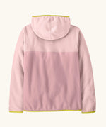 Back of the Patagonia kid's microdini snap-t jacket in quiet violet showing the hood down