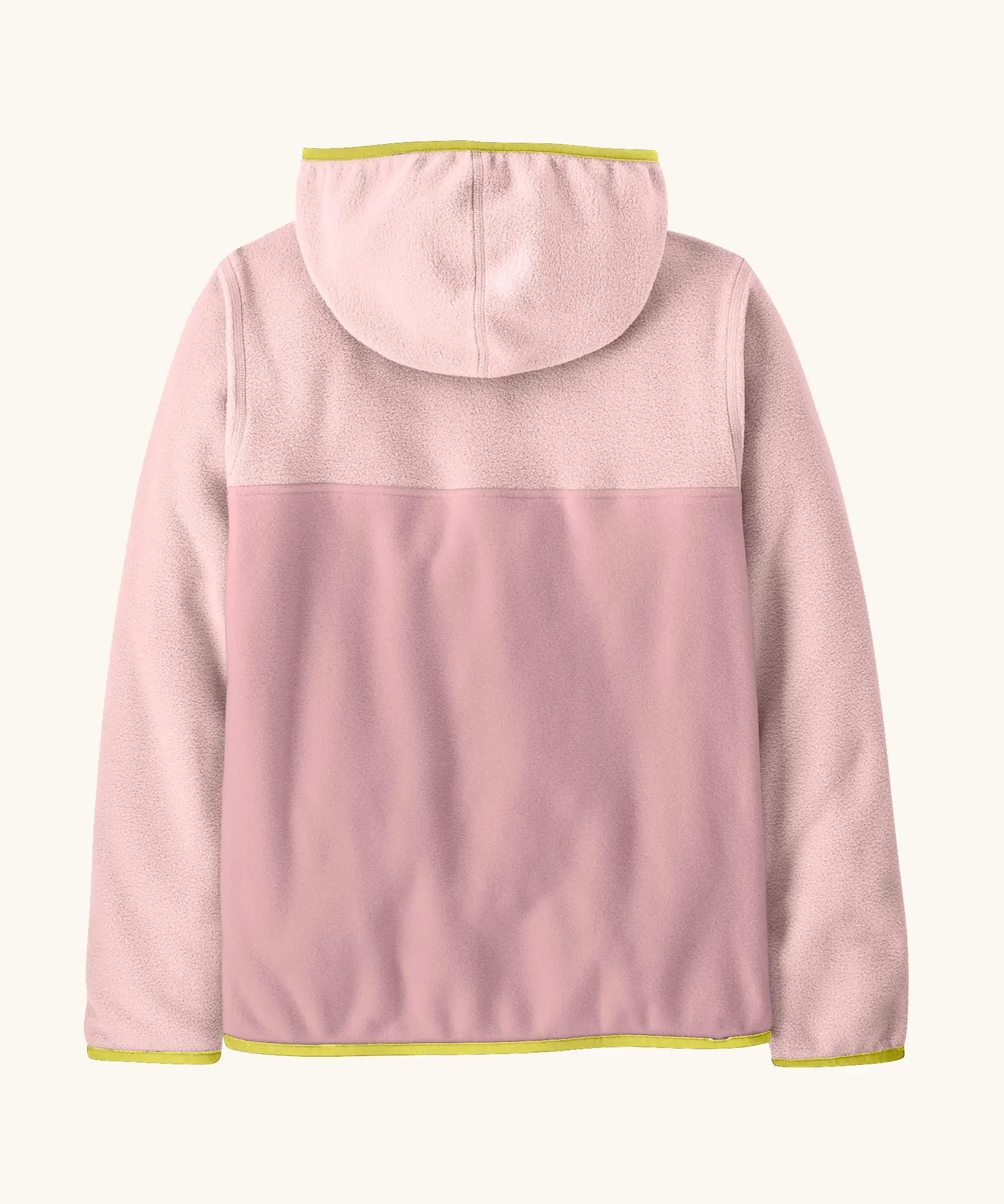 Back of the Patagonia kid's microdini snap-t jacket in quiet violet showing the hood down