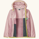 Patagonia kid's micro-d snap-t hooded jacket in two tone purple and pink. Showing full length front zip open