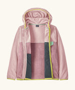 Patagonia kid's micro-d snap-t hooded jacket in two tone purple and pink. Showing full length front zip open
