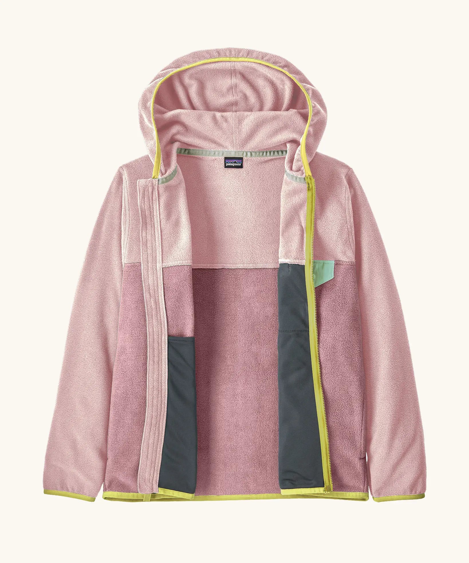 Patagonia kid's micro-d snap-t hooded jacket in two tone purple and pink. Showing full length front zip open