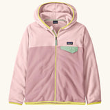 Patagonia kid's micro-d snap-t hooded jacket in two tone purple and pink. Showing full length front zip and chest pocket with green flap