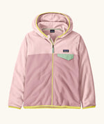 Patagonia kid's micro-d snap-t hooded jacket in two tone purple and pink. Showing full length front zip and chest pocket with green flap