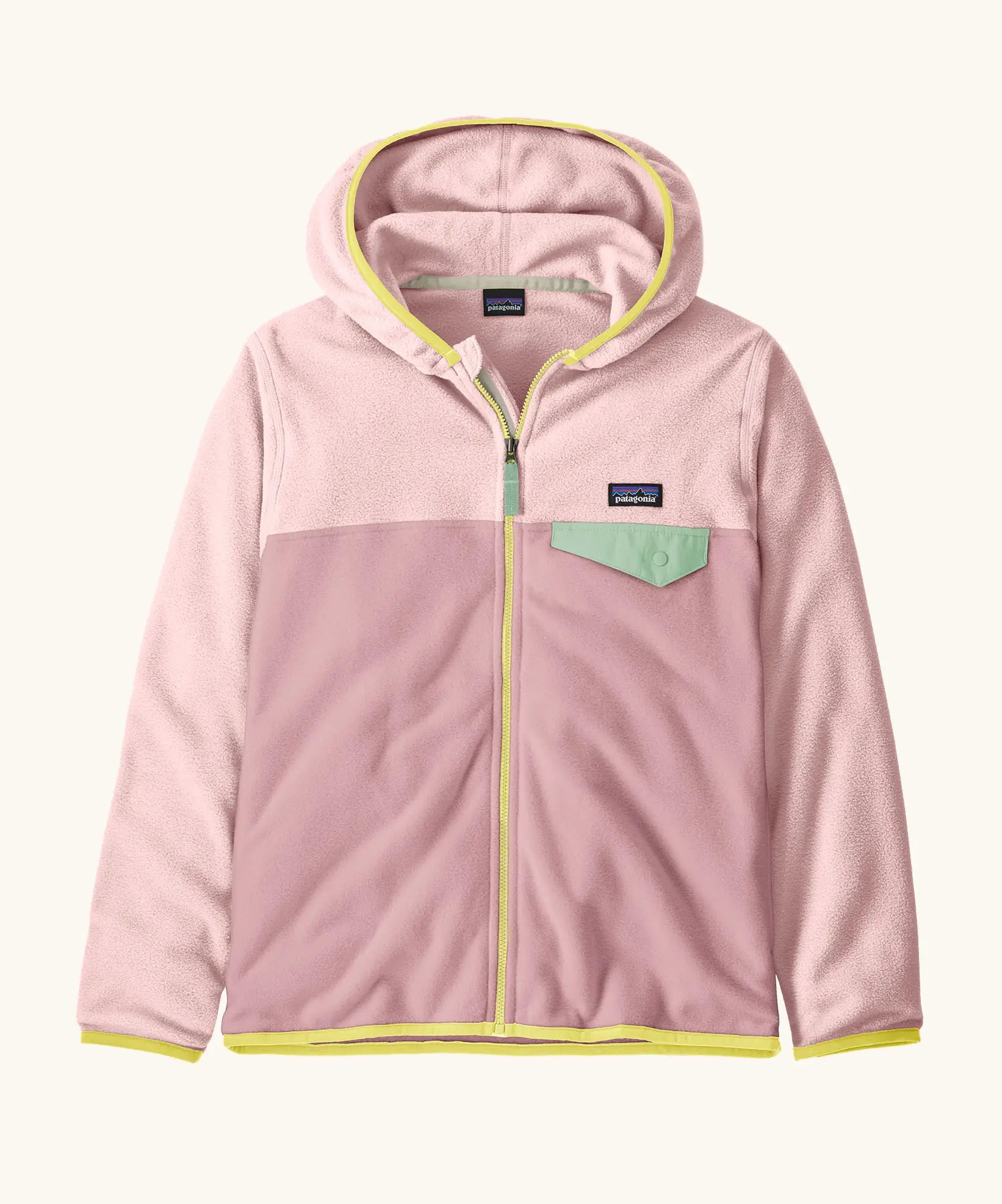 Patagonia kid's micro-d snap-t hooded jacket in two tone purple and pink. Showing full length front zip and chest pocket with green flap