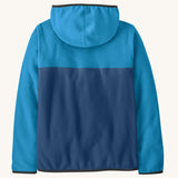 Back of the Patagonia kid's microdini snap-t hooded jacket in clement blue. A two tone blue block colour full zip hooded jacket. 