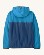 Back of the Patagonia kid's microdini snap-t hooded jacket in clement blue. A two tone blue block colour full zip hooded jacket. 
