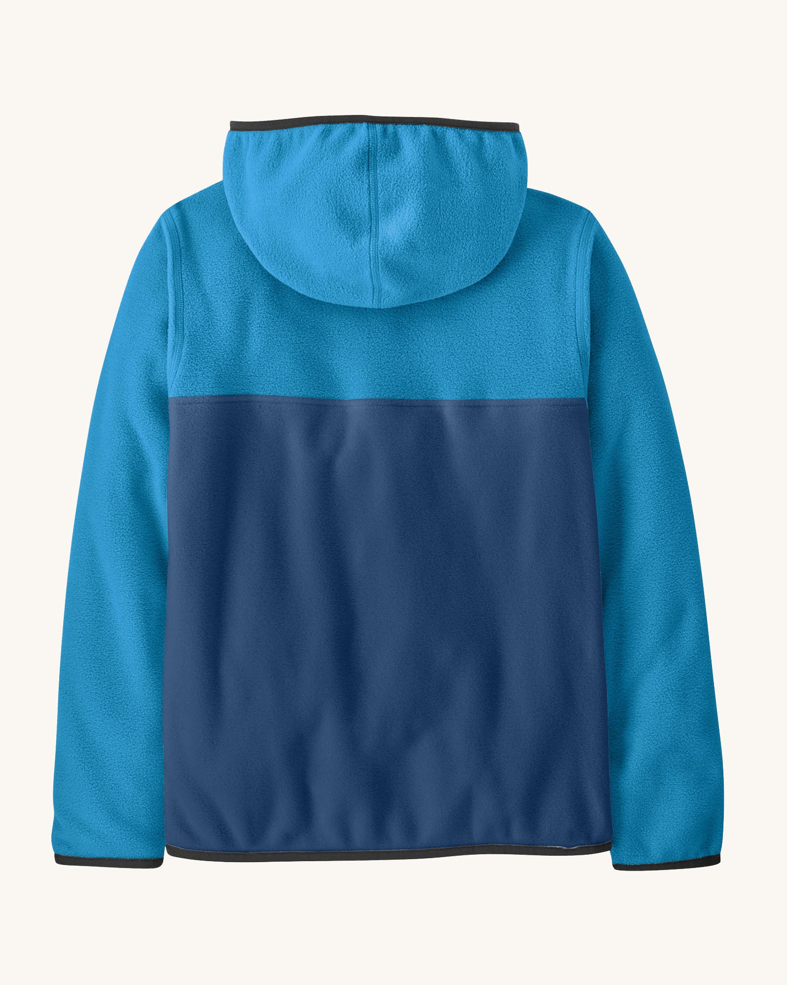 Back of the Patagonia kid's microdini snap-t hooded jacket in clement blue. A two tone blue block colour full zip hooded jacket. 
