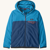 Patagonia kid's microdini snap-t hooded jacket in clement blue. A two tone blue block colour full zip hooded jacket. 