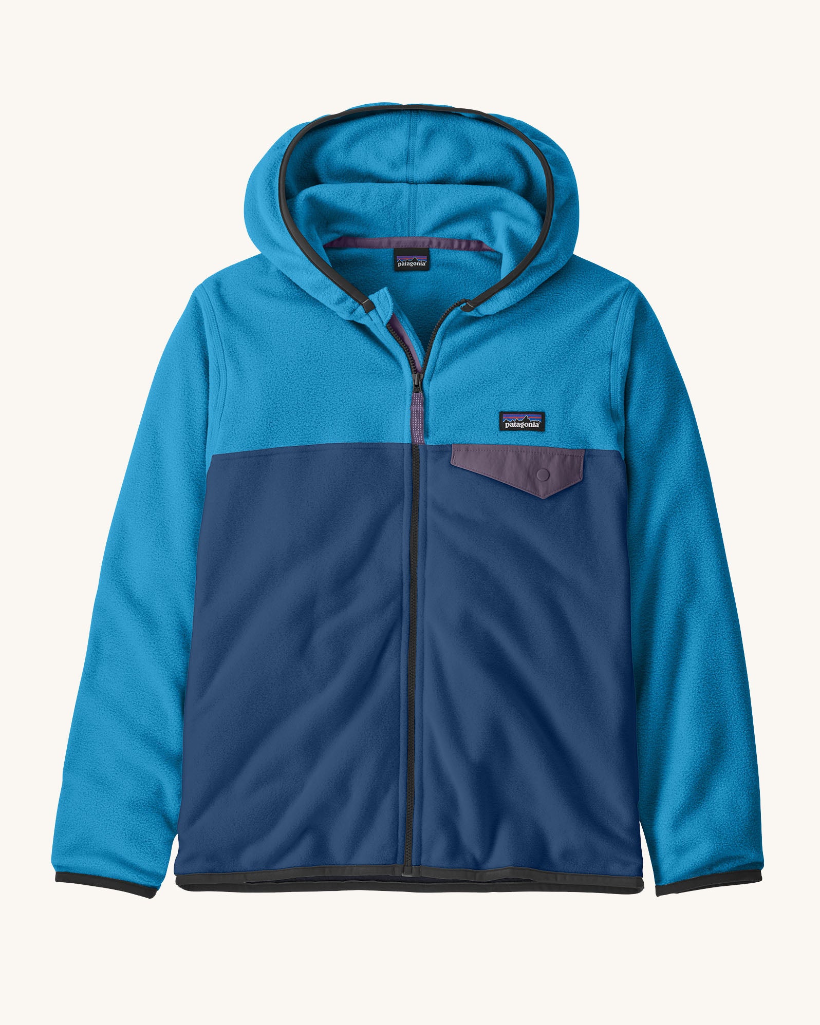 Patagonia kid's microdini snap-t hooded jacket in clement blue. A two tone blue block colour full zip hooded jacket. 