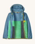 Patagonia kid's microdini snap-t hooded jacket in early teal and shore blue. A block colour full zip hooded jacket shown with it fully unzipped. 