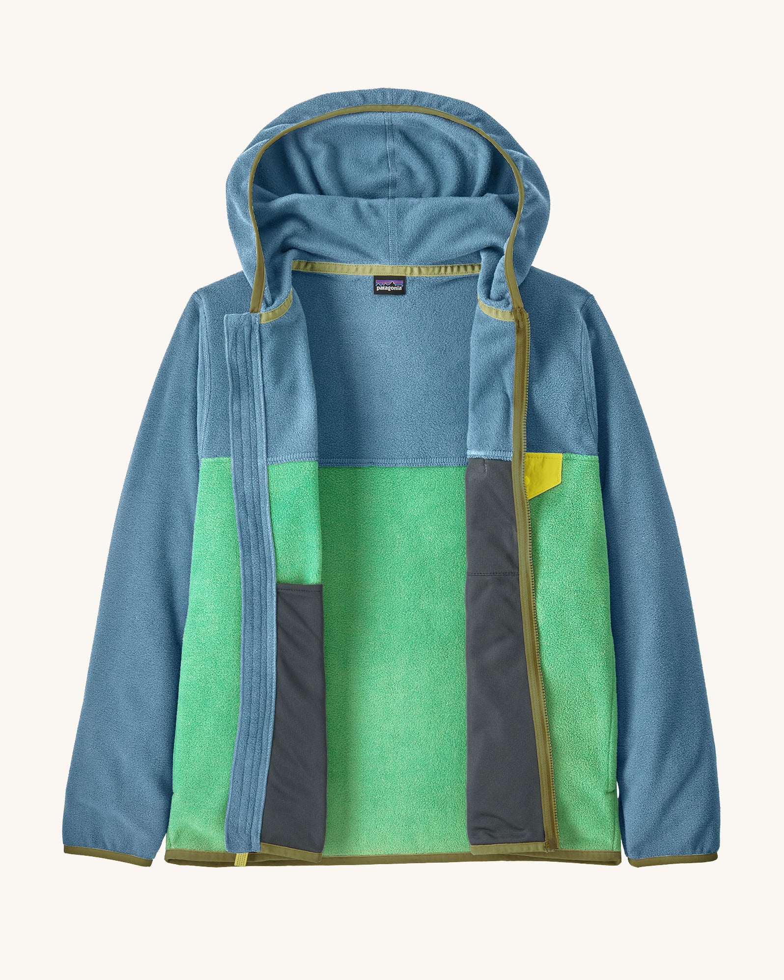 Patagonia kid's microdini snap-t hooded jacket in early teal and shore blue. A block colour full zip hooded jacket shown with it fully unzipped. 