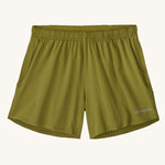 The Patagonia Kids Multi Trails Shorts 4 Inch in Graze Green, technical sports shorts in khaki green with side seam pockets and a minimal elasticated waistband. Made from 90% OceanCycle recycled polyester.