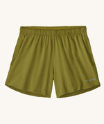 The Patagonia Kids Multi Trails Shorts 4 Inch in Graze Green, technical sports shorts in khaki green with side seam pockets and a minimal elasticated waistband. Made from 90% OceanCycle recycled polyester.