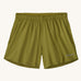 The Patagonia Kids Multi Trails Shorts 4 Inch in Graze Green, technical sports shorts in khaki green with side seam pockets and a minimal elasticated waistband. Made from 90% OceanCycle recycled polyester.