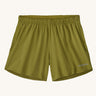 The Patagonia Kids Multi Trails Shorts 4 Inch in Graze Green, technical sports shorts in khaki green with side seam pockets and a minimal elasticated waistband. Made from 90% OceanCycle recycled polyester.