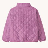 The back of the Patagonia Little Kids Nano Puff Jacket  in brisk purple available at Babipur. A vibrant and lightweight jacket with a turned up collar and a full length zip feature.