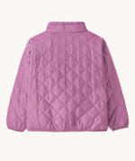 The back of the Patagonia Little Kids Nano Puff Jacket  in brisk purple available at Babipur. A vibrant and lightweight jacket with a turned up collar and a full length zip feature.