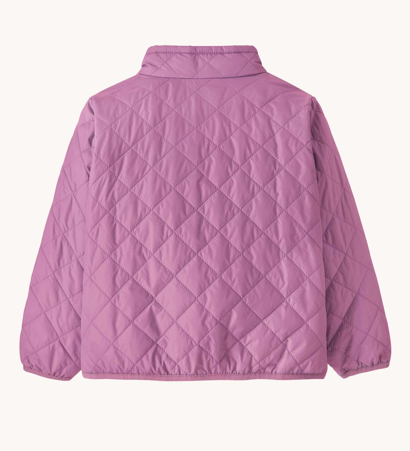 The back of the Patagonia Little Kids Nano Puff Jacket  in brisk purple available at Babipur. A vibrant and lightweight jacket with a turned up collar and a full length zip feature.