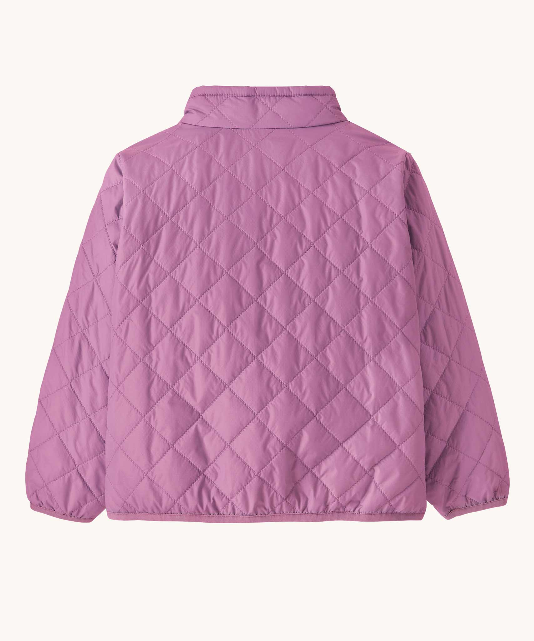 The back of the Patagonia Little Kids Nano Puff Jacket  in brisk purple available at Babipur. A vibrant and lightweight jacket with a turned up collar and a full length zip feature.
