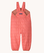 The back of the Patagonia kids nano puffer winter overalls in pink. Features popper fasteners on each shoulder strap for size adjustment. 