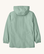 Patagonia kid's outdoor everyday jacket in thin ice light green with hood and elasticated arm cuffs.
