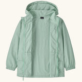 Patagonia kid's outdoor everyday hooded jacket in light green with front zip fully opened. 