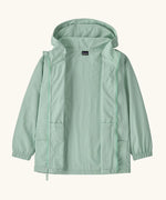 Patagonia kid's outdoor everyday hooded jacket in light green with front zip fully opened. 