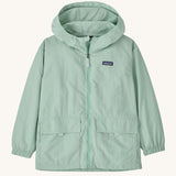 Patagonia kid's outdoor everyday jacket in thin ice light green. The coat has two front pockets and a small black logo on the chest.