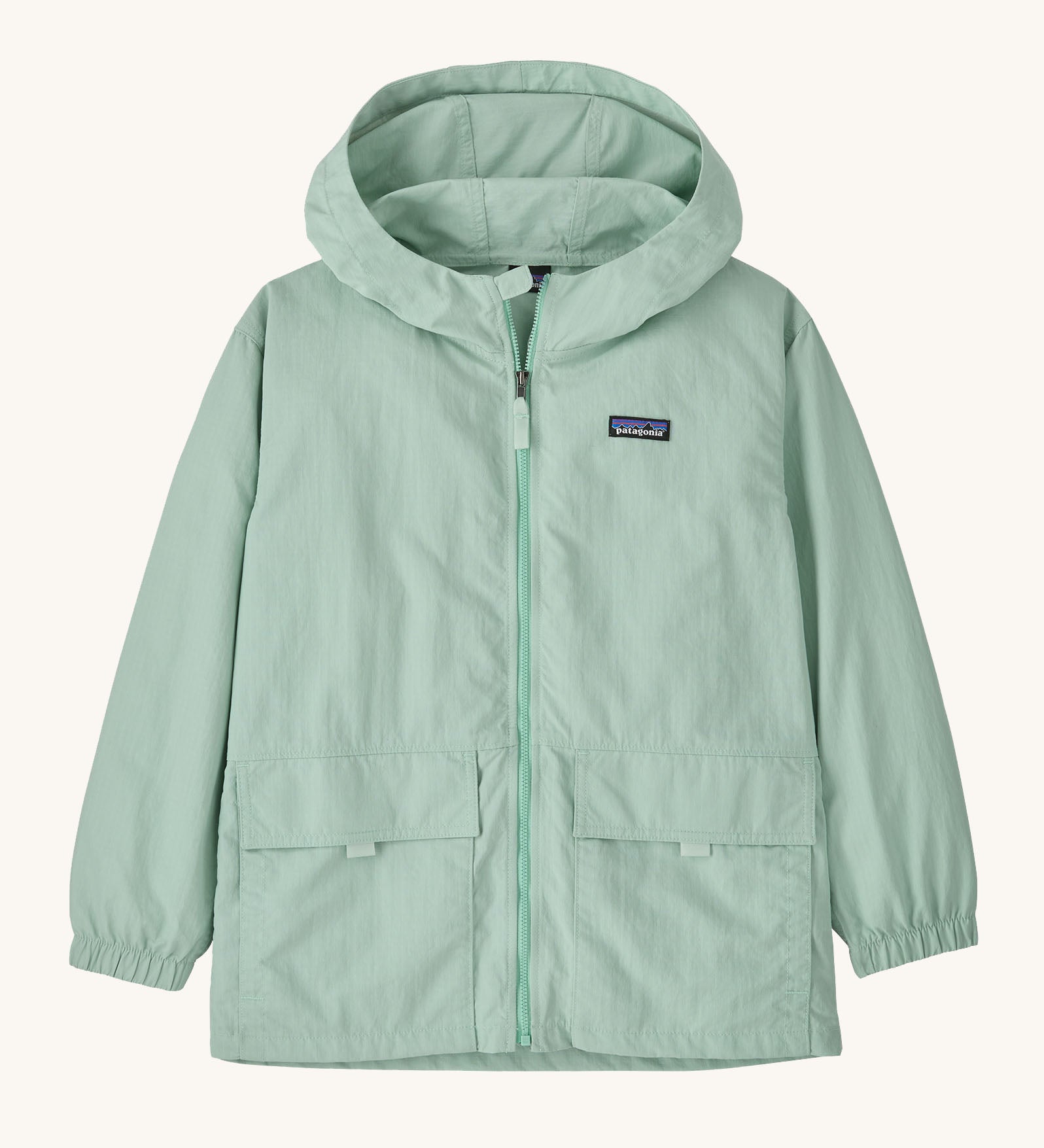 Patagonia kid's outdoor everyday jacket in thin ice light green. The coat has two front pockets and a small black logo on the chest.