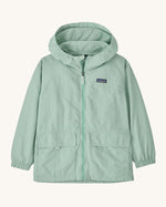 Patagonia kid's outdoor everyday jacket in thin ice light green. The coat has two front pockets and a small black logo on the chest.