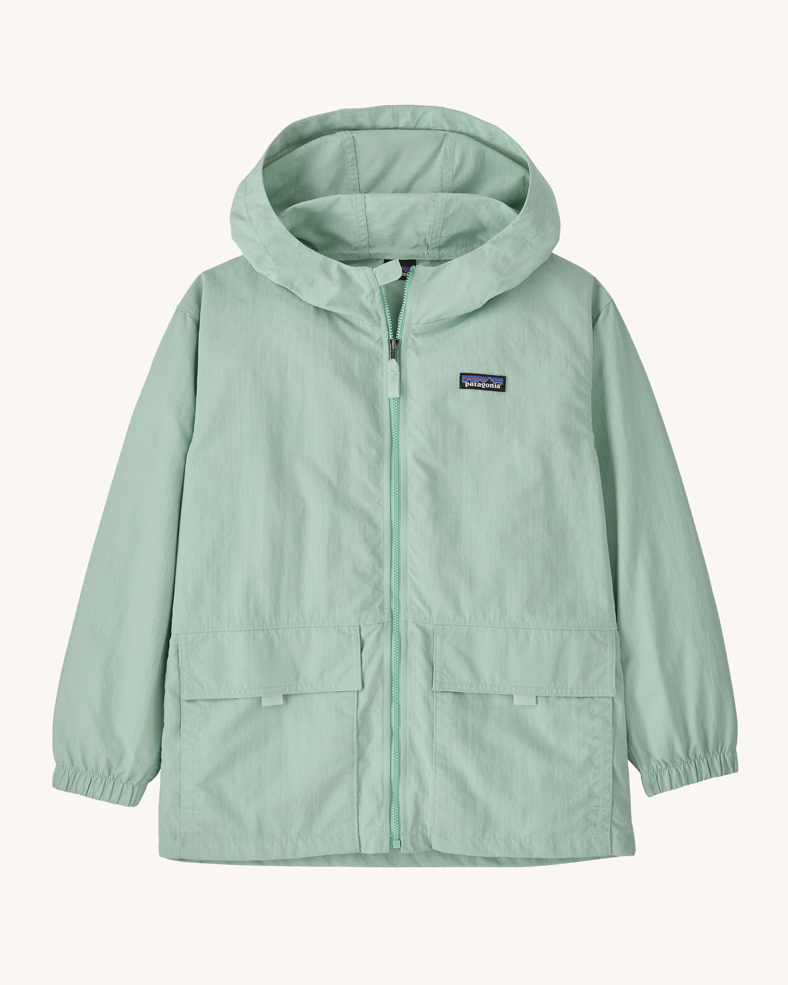 Patagonia kid's outdoor everyday jacket in thin ice light green. The coat has two front pockets and a small black logo on the chest.
