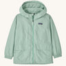 Patagonia kid's outdoor everyday jacket in thin ice light green. The coat has two front pockets and a small black logo on the chest.