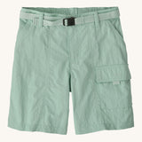 Patagonia kid's recycled nylon outdoor everyday 6 inch shorts in thin ice light green with quick release buckle belt.